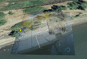 Fig. 1 Google Earth image with news helecopter shot overlay. The yellow pin represents the actual location of the money find. Lines in the beach have 20 ft. spacing. White line represents the area of the trench Plamer used to evaluate the sand bar cross section.