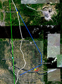 Fig. 2   Overview map of FBI flight path in white, flight path required for the Washougal Washdown Theory in blue, and Tena Bar overflight in green.