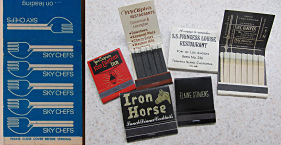 Fig. 4 Unfolded, blue 'Sky Chefs' matchbook cover from 1970 (left), similar to the one D.B. Cooper used, and requested back from stewardess Tina Mucklow. A collection of book matches (right) from the 1970's.